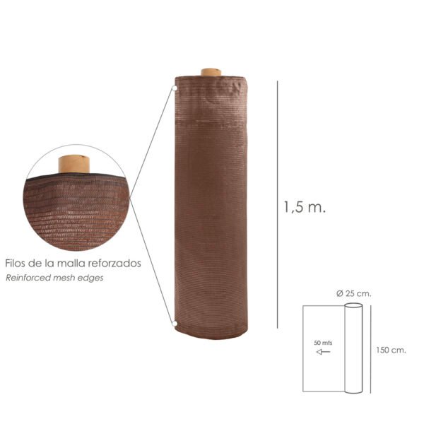 Malla Sombreo Plus 1,5 Metro Marron Rollo 50 Mts. Filo Reforzado Reduce Radiación, Malla Sombra, Malla Ocultacion, Sombra Patios - Imagen 2