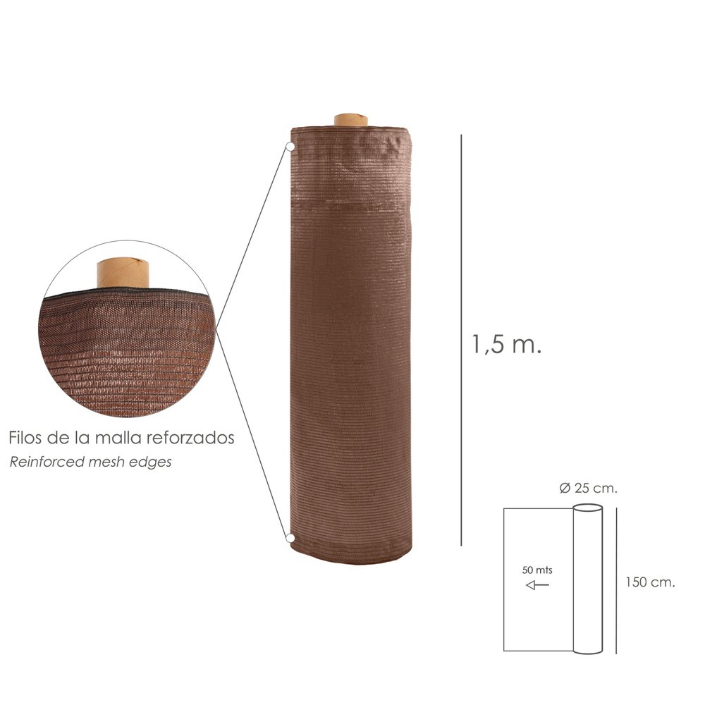 Malla Sombreo Plus 1,5 Metro Marron Rollo 50 Mts. Filo Reforzado Reduce Radiación, Malla Sombra, Malla Ocultacion, Sombra Patios - Imagen 2