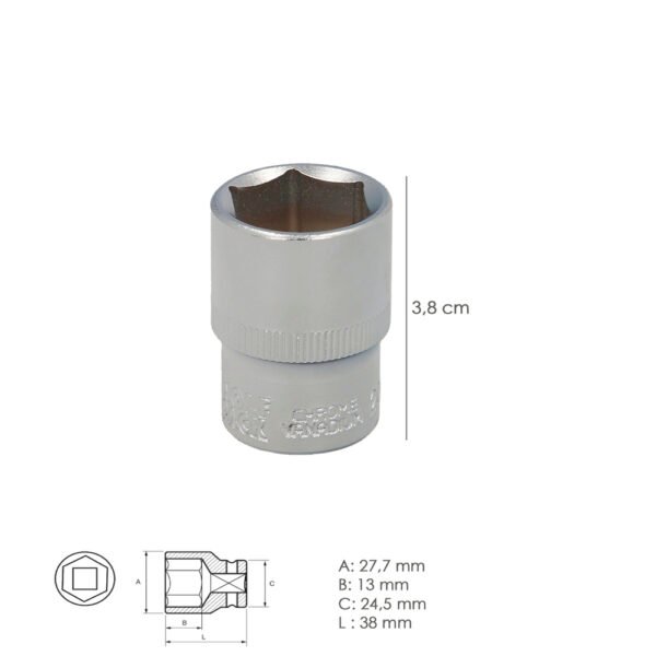 Llave Vaso 1/2" Hexagonal 21 mm. Perfil de 6 caras. Acero Cromo Vanadio, Aristas Redondas - Imagen 2