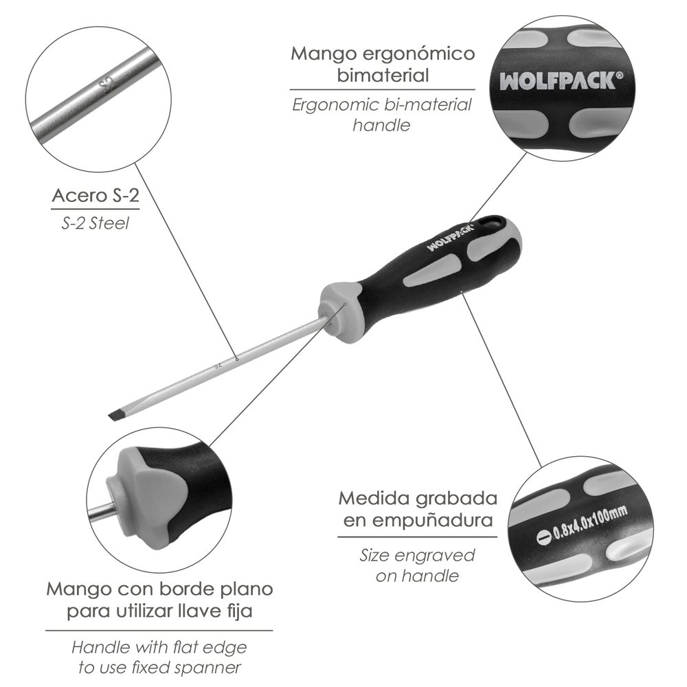 Destornillador Plano Vaciado Acero S2 Mango TPR Bimaterial. Medida 0,8 x Ø 4,0 x 100 mm.  DIN5265 - Imagen 3