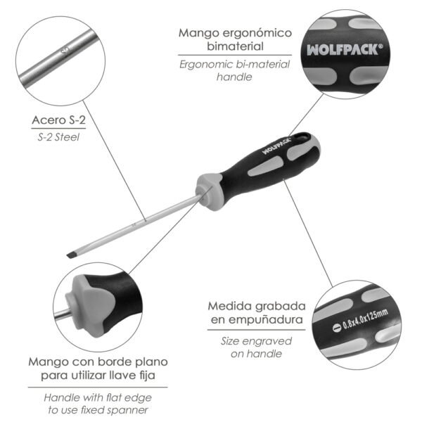 Destornillador Plano Vaciado Acero S2 Mango TPR Bimaterial. Medida 0,8 x Ø 4,0 x 125 mm.  DIN5265 - Imagen 3