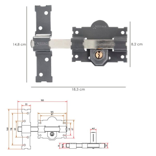 Cerrojo b-4 llave 2 lados pasador de 183mm cilindro redondo de 70mm - Imagen 2