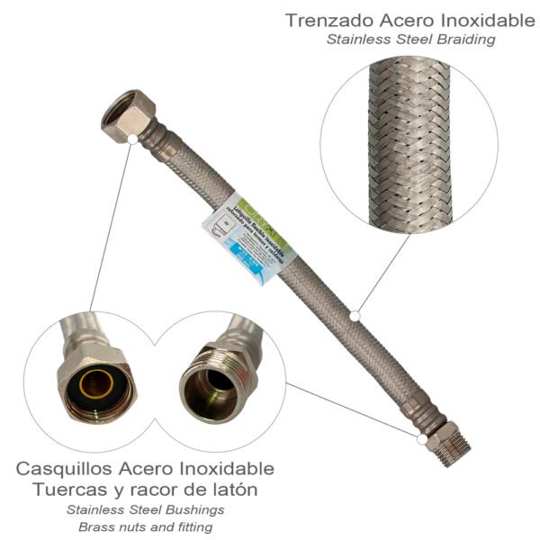 Latiguillo Flexible Reforzado Acero Inoxidable Termo Macho 1/2" - Hembra 3/4" Longitud 250 mm - Imagen 2