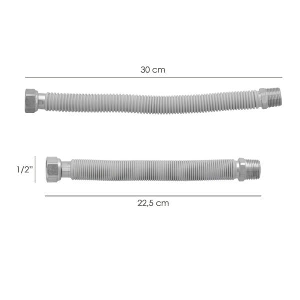 Tuberia Extensible Agua Acero Inoxidable Corrugado. Longitud de 22,5 a 30 cm. Tomas 1/2" - Imagen 2