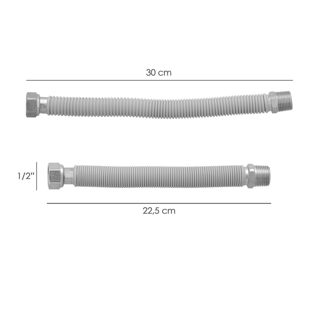 Tuberia Extensible Agua Acero Inoxidable Corrugado. Longitud de 22,5 a 30 cm. Tomas 1/2" - Imagen 2