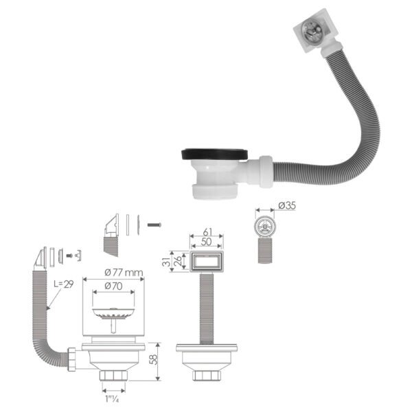 Valvula Fregadero  Ø70 mm. 1 1/2" Con Rebosadero - Imagen 2