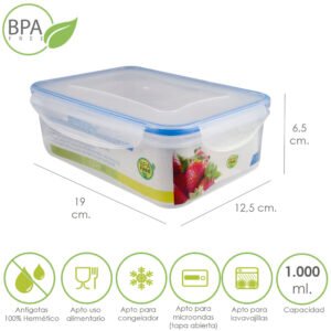 Recipiente Hermetico Plastico Rectangular 1.000 ml. 19x12.5x6.5 (Alt.) cm.