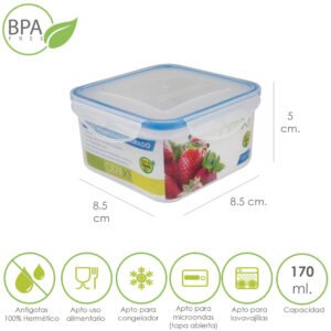 Recipiente Hermetico Plastico Cuadrado 170 ml.  8.5x8.5x5 (Alt.) cm.