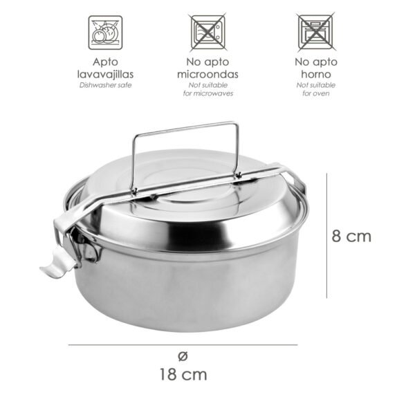 Fiambrera Metalica De Acero Inoxidable Con 2 Platos Ø 18 cm. Lunch Box, Fiambrera Metalica, Porta Alimentos Metalico, - Imagen 2