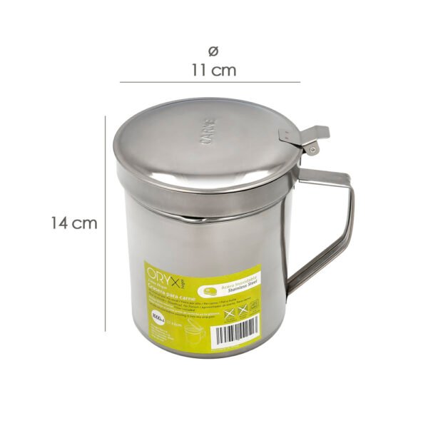 Grasera Acero Inoxidable Para Carne, Aceitera Aceite Usado 1,0 Lts. Con Colador y Tapa, Recipiente Reciclaje Aceite Usado Carne - Imagen 2