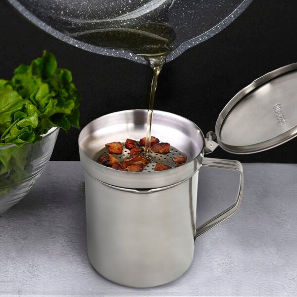 Grasera Acero Inoxidable Para Carne, Aceitera Aceite Usado 1,0 Lts. Con Colador y Tapa, Recipiente Reciclaje Aceite Usado Carne - Imagen 5