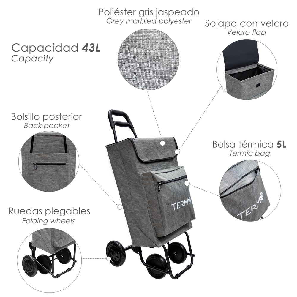 Carro De La Compra 4 Ruedas Jaspeado Gris 45 Litros Carrito De La Compra Poliester Con Bolsa Térmica Refrigeración - Imagen 2