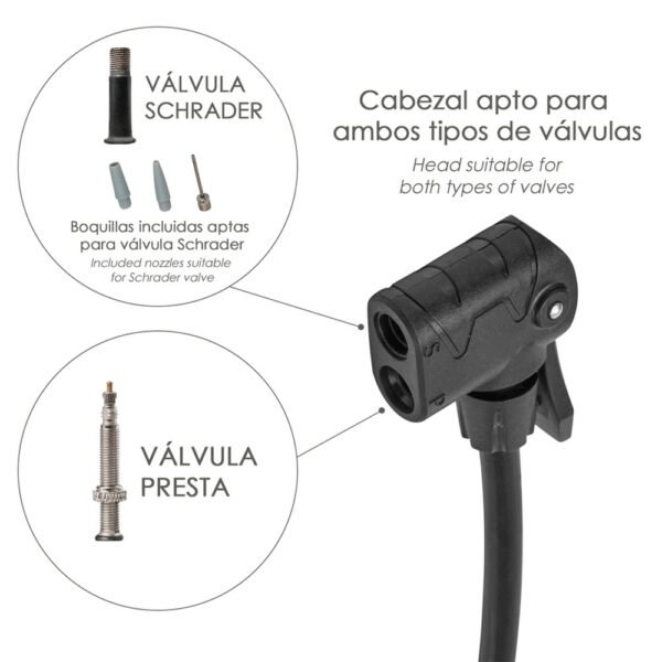 Bomba Inflar Bicicleta Con Manometro. Doble Boquilla Valvula Presta y Schrader. Con Adaptadores. Ø 32 x 500 mm. 10 BAR / 160 PSI - Imagen 4