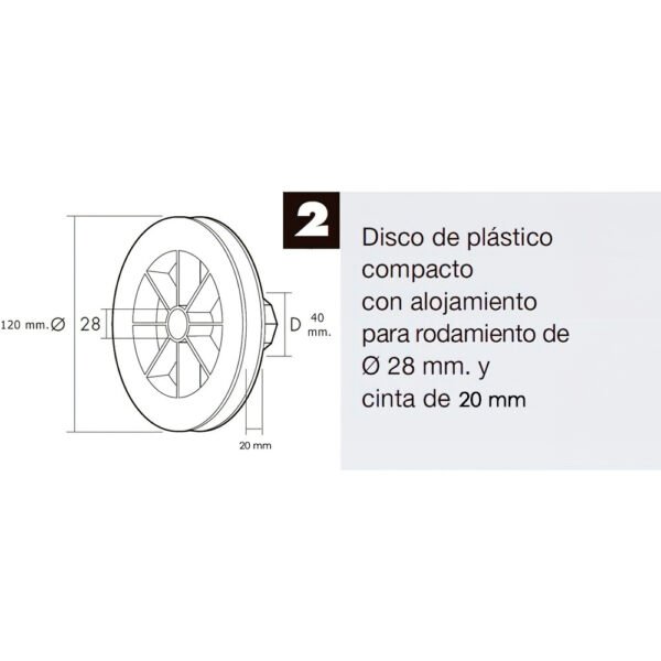Disco Plastico Compacto Para Persianas. Rodamieto 120x40 mm. Para cintas hasta 20 mm. - Imagen 4