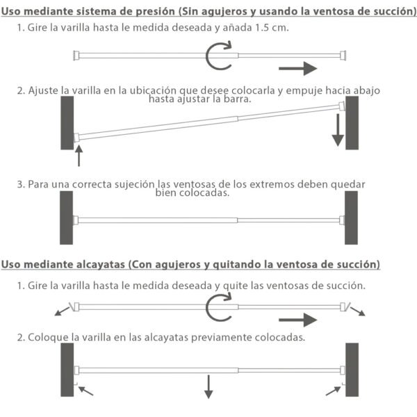 Barra Visillo Extensible 36/64 cm. con Muelle Presion, Soportes y Ventosas (2 Piezas) - Imagen 2