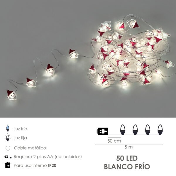Guirnalda Luces Navidad A Pilas 50 Leds Papa Noel. Luz Fria Uso Interno IP20 - Imagen 2