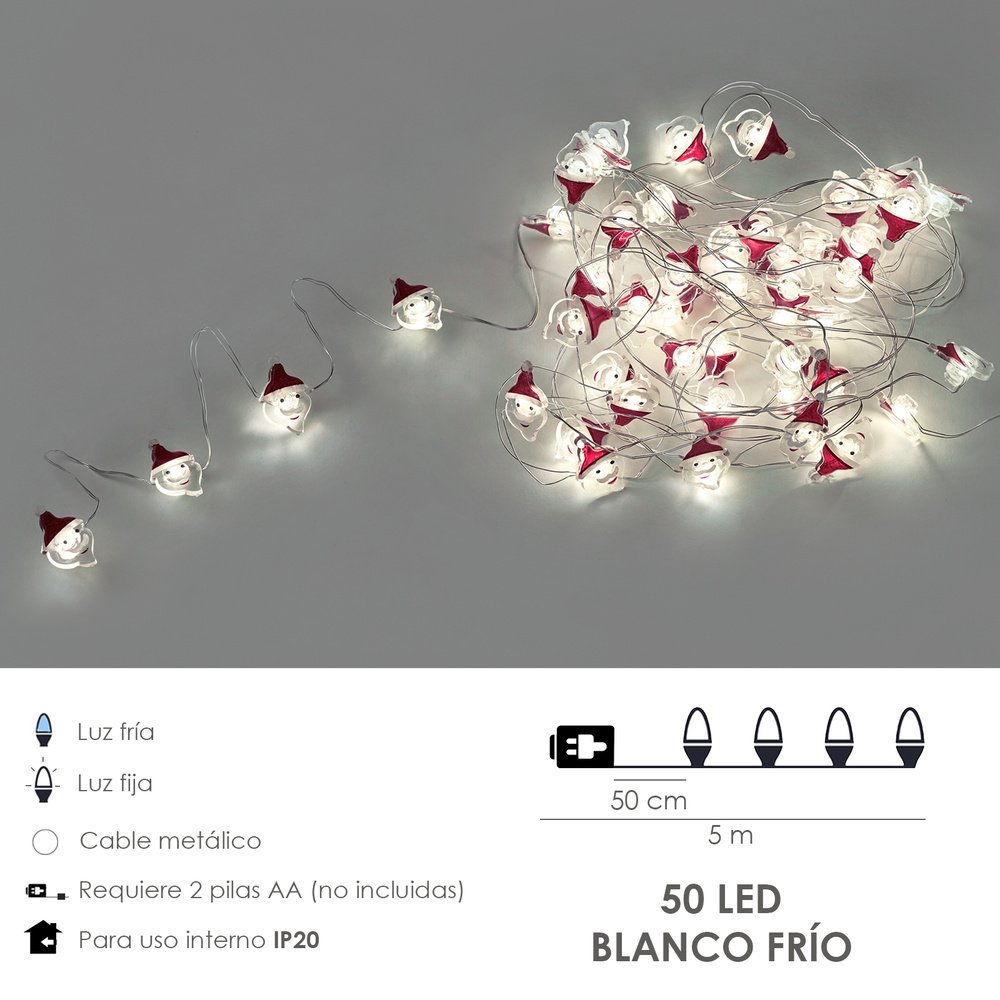 Guirnalda Luces Navidad A Pilas 50 Leds Papa Noel. Luz Fria Uso Interno IP20 - Imagen 2