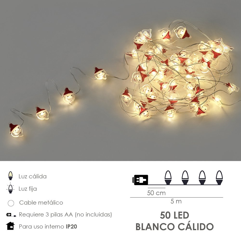 Guirnalda Luces Navidad A Pilas 50 Leds Papa Noel. Luz Calida Uso Interno IP20 - Imagen 2
