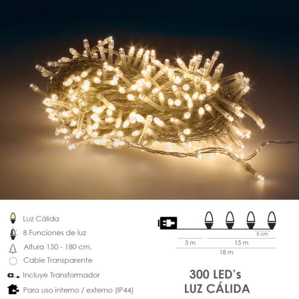 Guirnalda Luces Navidad 300 Leds Color Blanco Calido. Luz Navidad Interiores y Exteriores Ip44. Cable Transparente. - Imagen 2
