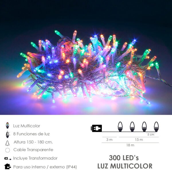 Guirnalda Luces Navidad 300 Leds Color Multicolor. Luz Navidad Interiores y Exteriores Ip44. Cable Transparente. - Imagen 2