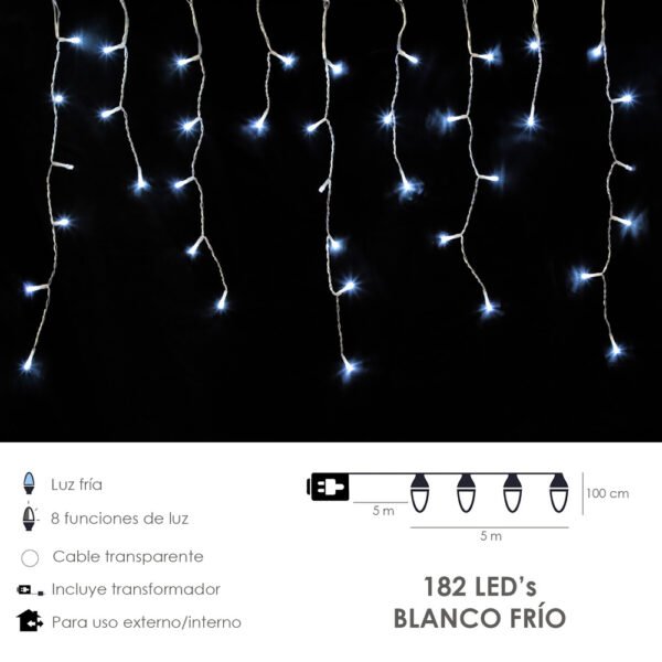 Guirnalda Luces Navidad Cortina 5x1 Metros 182 Leds Blanco Frio. Luz Navidad Interiores y Exteriores Ip44. Cable Transparente - Imagen 2