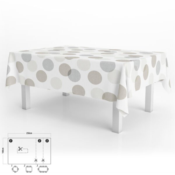 Mantel Hule Rectangular Circulos Beige Impermeable Antimanchas PVC 140x250 cm.  Recortable Uso Interior y Exterior