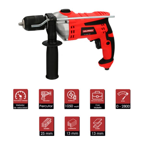 Taladro Percutor Con Variador de Velocidad 1050 Watt. Incluye Maletín, Empuñadura y Guia Metalica. - Imagen 2