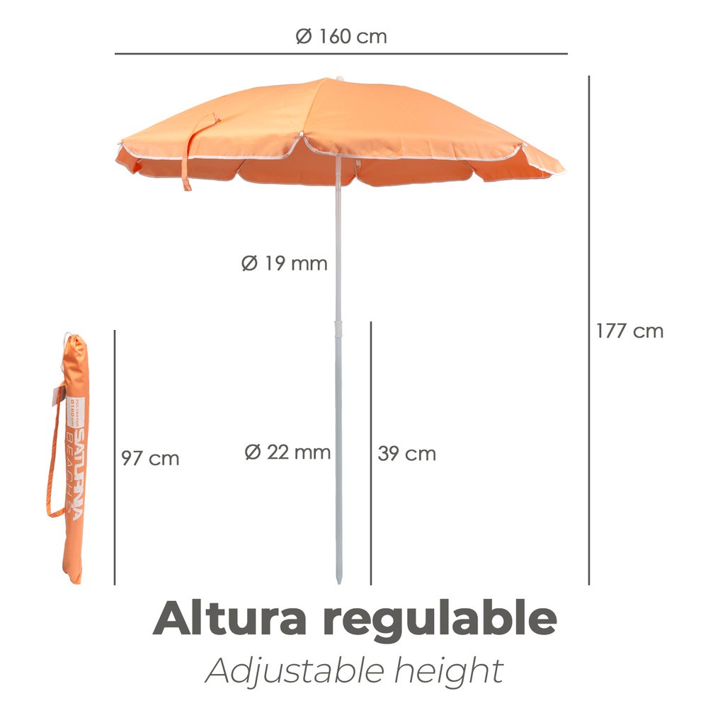 Sombrilla Playa Acero / Poliester Ø 160 cm. Naranja . Varillas Fibra De Vidrio. - Imagen 2