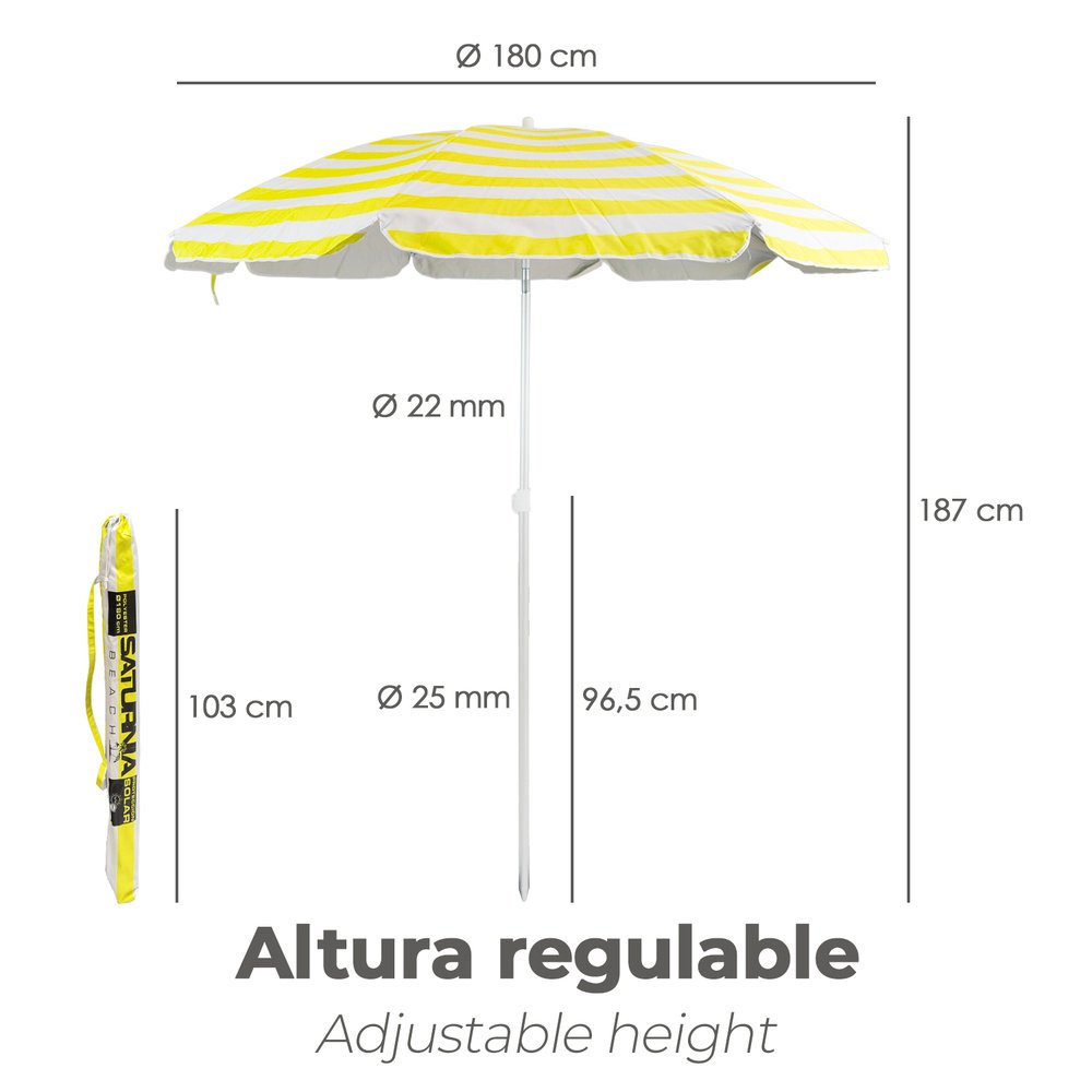 Sombrilla Playa Aluminio / Poliester Ø 180 cm. Amarilla y  Blanca. Varillas Fibra De Vidrio. Protección UV. - Imagen 2