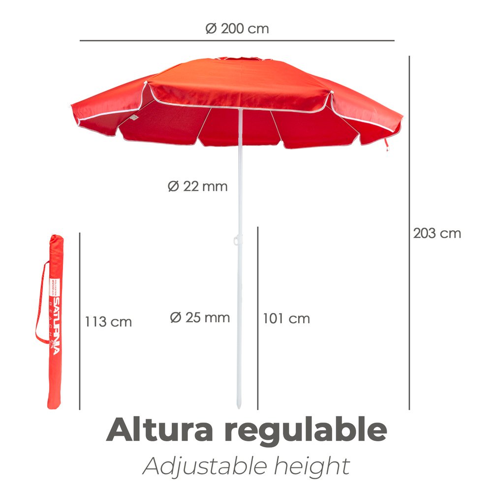 Sombrilla Playa Acero / Poliester Ø 200 cm. Rojo. Varillas Fibra De Vidrio. Sistema Antiviento. - Imagen 2