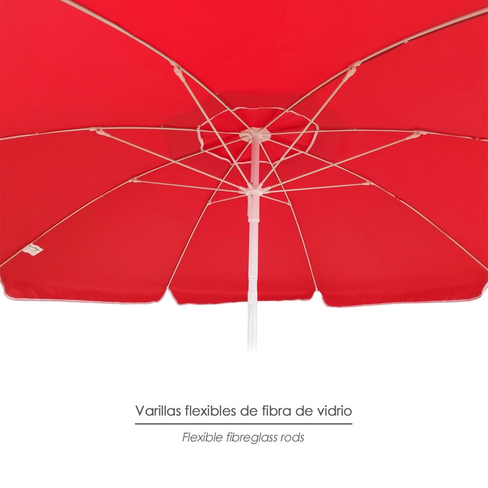 Sombrilla Playa Acero / Poliester Ø 200 cm. Rojo. Varillas Fibra De Vidrio. Sistema Antiviento. - Imagen 4