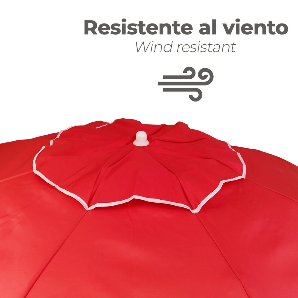 Sombrilla Playa Acero / Poliester Ø 200 cm. Rojo. Varillas Fibra De Vidrio. Sistema Antiviento. - Imagen 5
