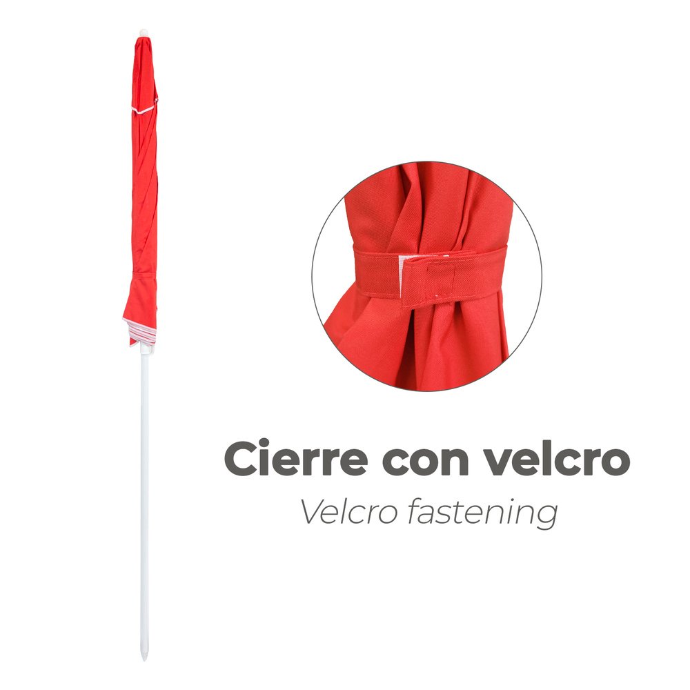 Sombrilla Playa Acero / Poliester Ø 200 cm. Rojo. Varillas Fibra De Vidrio. Sistema Antiviento. - Imagen 6