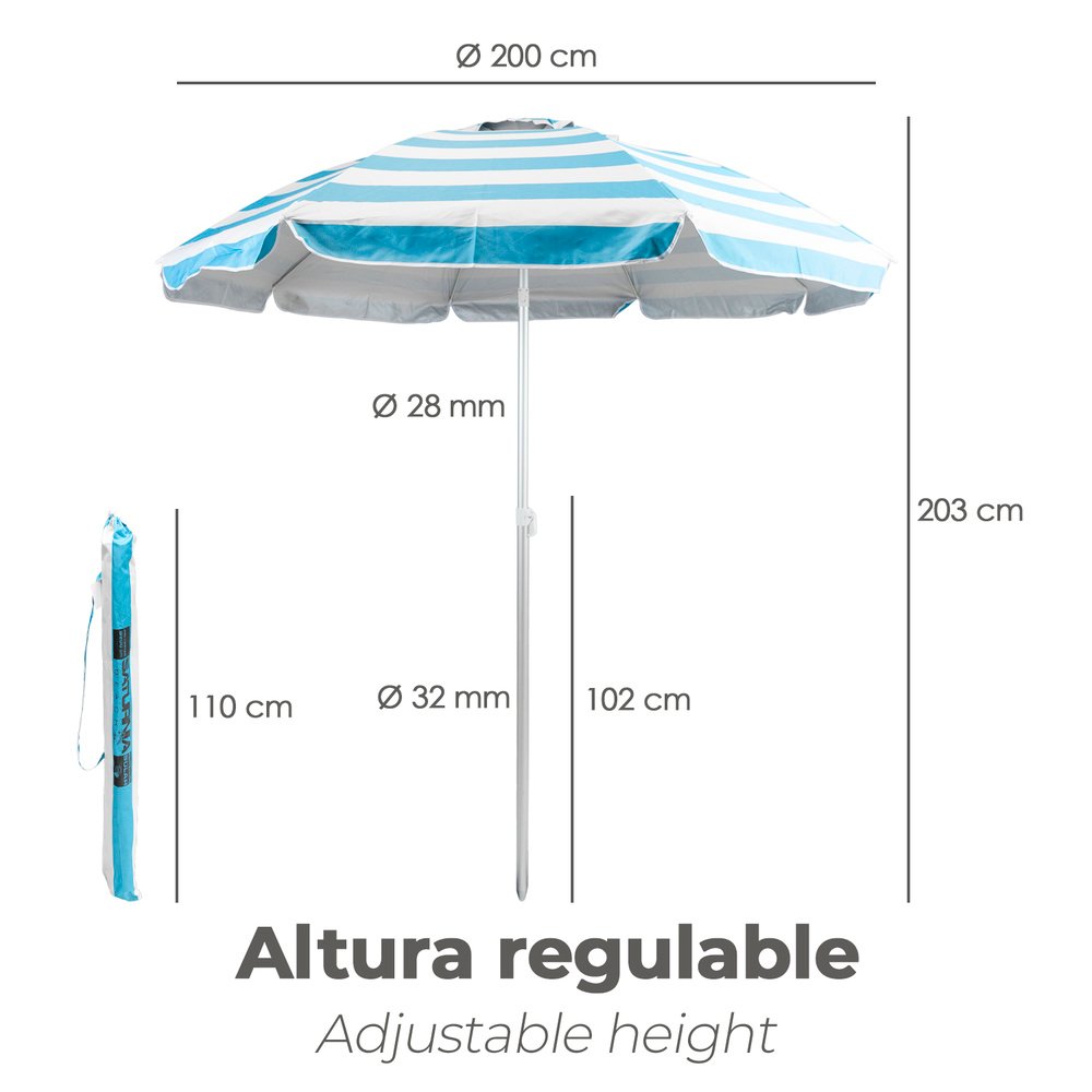 Sombrilla Playa Aluminio / Poliester Ø 200 cm. Azul y  Blanca. Varillas Fibra De Vidrio. Protección Uv. Sistema Antiviento. - Imagen 2