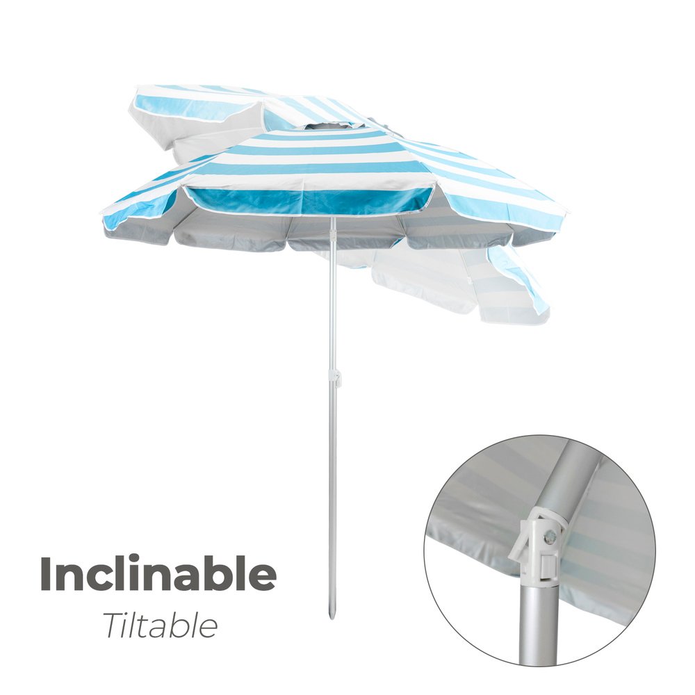 Sombrilla Playa Aluminio / Poliester Ø 200 cm. Azul y  Blanca. Varillas Fibra De Vidrio. Protección Uv. Sistema Antiviento. - Imagen 3
