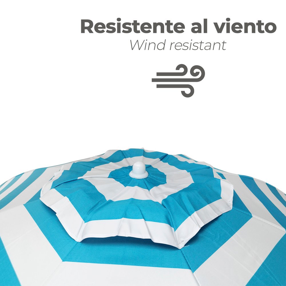 Sombrilla Playa Aluminio / Poliester Ø 200 cm. Azul y  Blanca. Varillas Fibra De Vidrio. Protección Uv. Sistema Antiviento. - Imagen 5