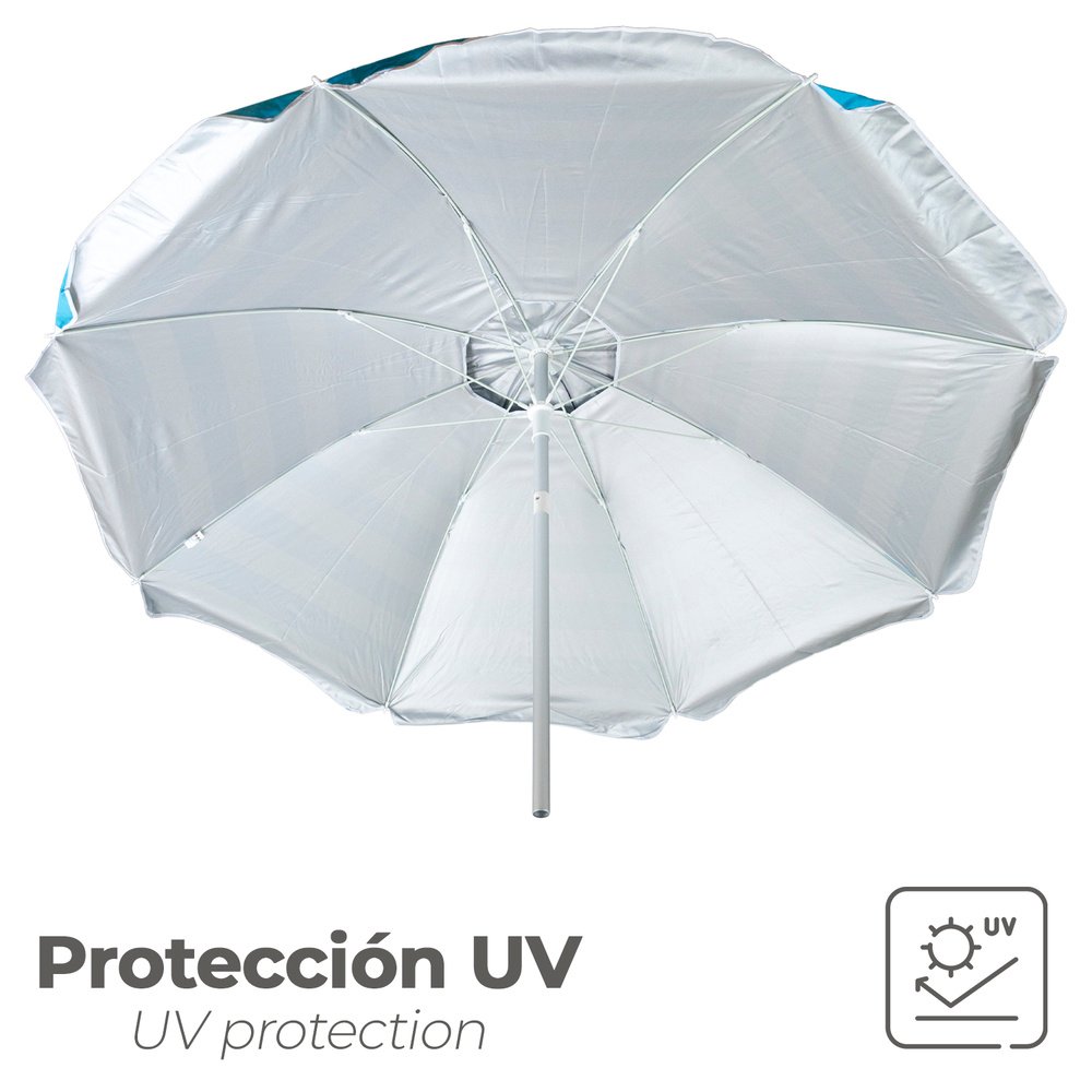 Sombrilla Playa Aluminio / Poliester Ø 200 cm. Azul y  Blanca. Varillas Fibra De Vidrio. Protección Uv. Sistema Antiviento. - Imagen 6