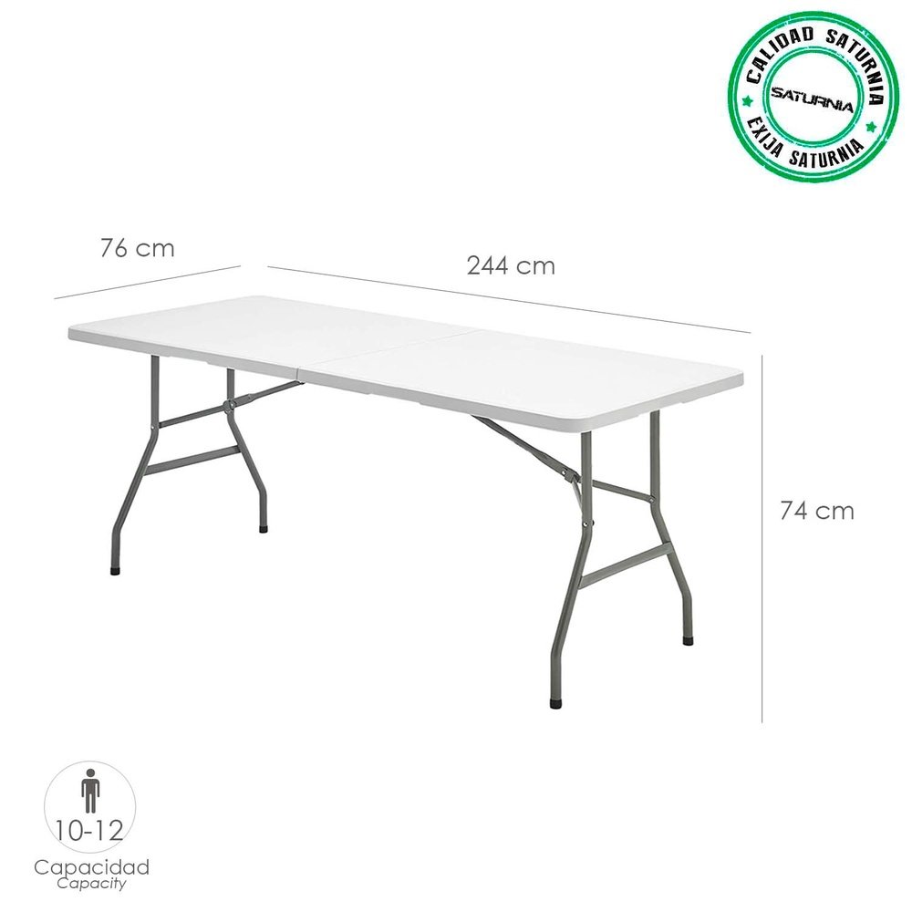 Mesa Plegable Rectangular HDPE Multifuncional, Portatil, Resistente,Multiusos 244x76x74 cm. Color Blanco - Imagen 2