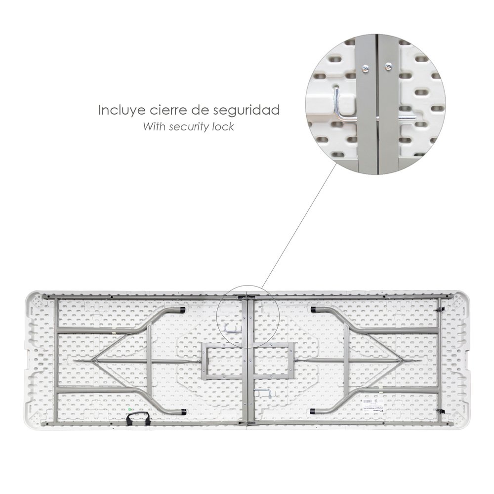 Mesa Plegable Rectangular HDPE Multifuncional, Portatil, Resistente,Multiusos 244x76x74 cm. Color Blanco - Imagen 3