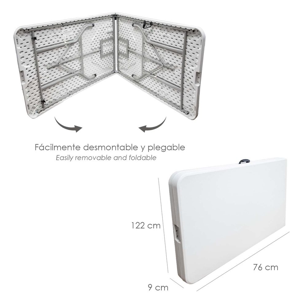 Mesa Plegable Rectangular HDPE Multifuncional, Portatil, Resistente,Multiusos 244x76x74 cm. Color Blanco - Imagen 4