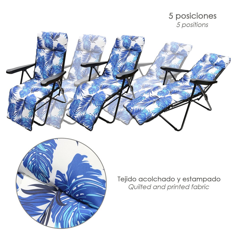 Silla Playa Acolchada, Estructura Acero Reclinable 5 Posiciones Con Reposapies, Silla Multiposición, Silla Con Reposabrazos - Imagen 2