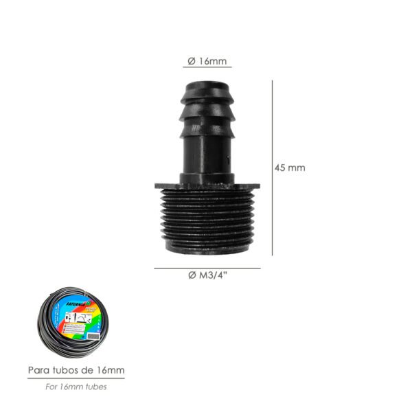 Union Rosca Macho 3/4" A Toma Para Tuberias Goteo Ø 16 mm. (Bolsa 100 uds) Riego Por Goteo, Microaspersión, Riego Nebulizacion - Imagen 2