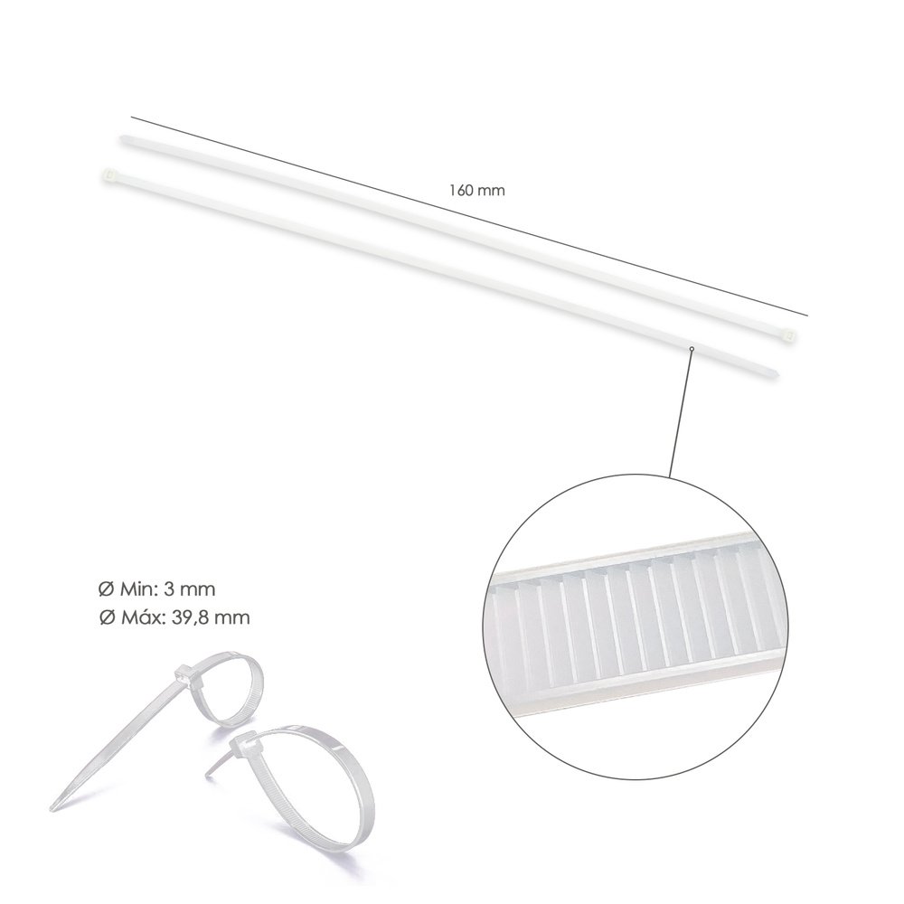 Brida Nylon 100%. Color Blanco / Natural 2,5 x 160 mm. 100 Piezas. Abrazadera Plastico, Organizador Cables, Alta Resistencia - Imagen 2