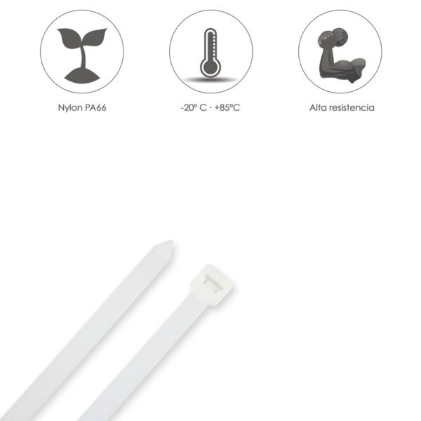 Brida Nylon 100%. Color Blanco / Natural 2,5 x 160 mm. 100 Piezas. Abrazadera Plastico, Organizador Cables, Alta Resistencia - Imagen 4
