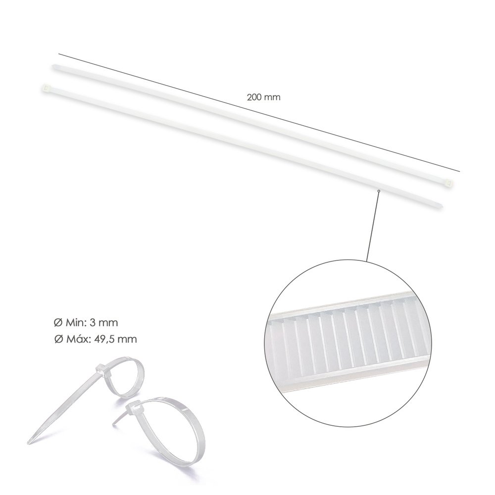 Brida Nylon 100%. Color Blanco / Natural 4,5 x 200 mm. 100 Piezas. Abrazadera Plastico, Organizador Cables, Alta Resistencia - Imagen 2