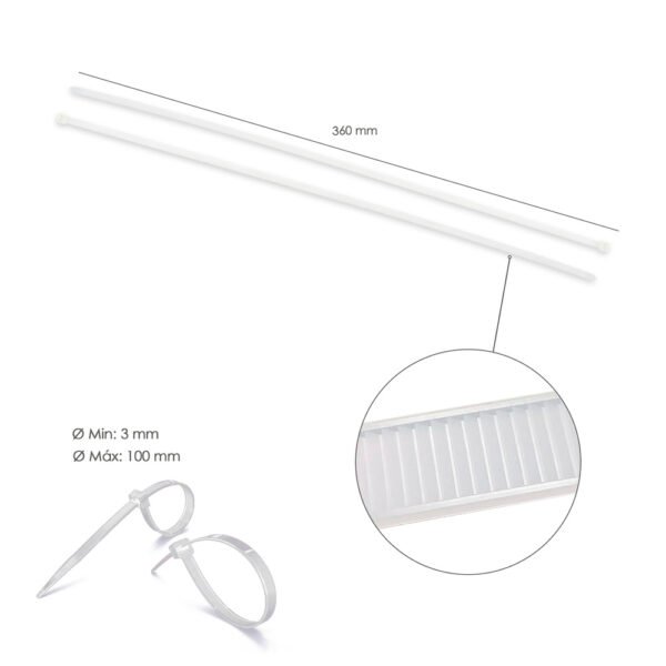 Brida Nylon 100%. Color Blanco / Natural 4,5 x 360 mm. 100 Piezas. Abrazadera Plastico, Organizador Cables, Alta Resistencia - Imagen 2