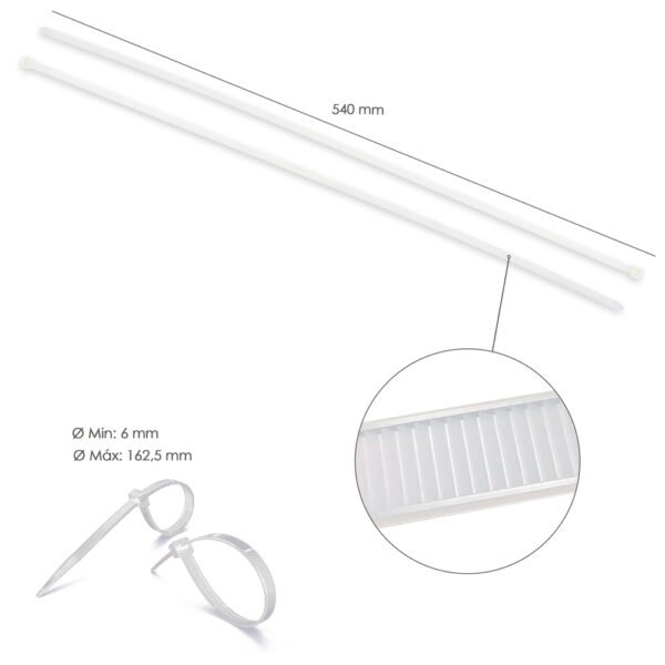 Brida Nylon 100%. Color Blanco / Natural 7,8 x 540 mm. 100 Piezas. Abrazadera Plastico, Organizador Cables, Alta Resistencia - Imagen 2