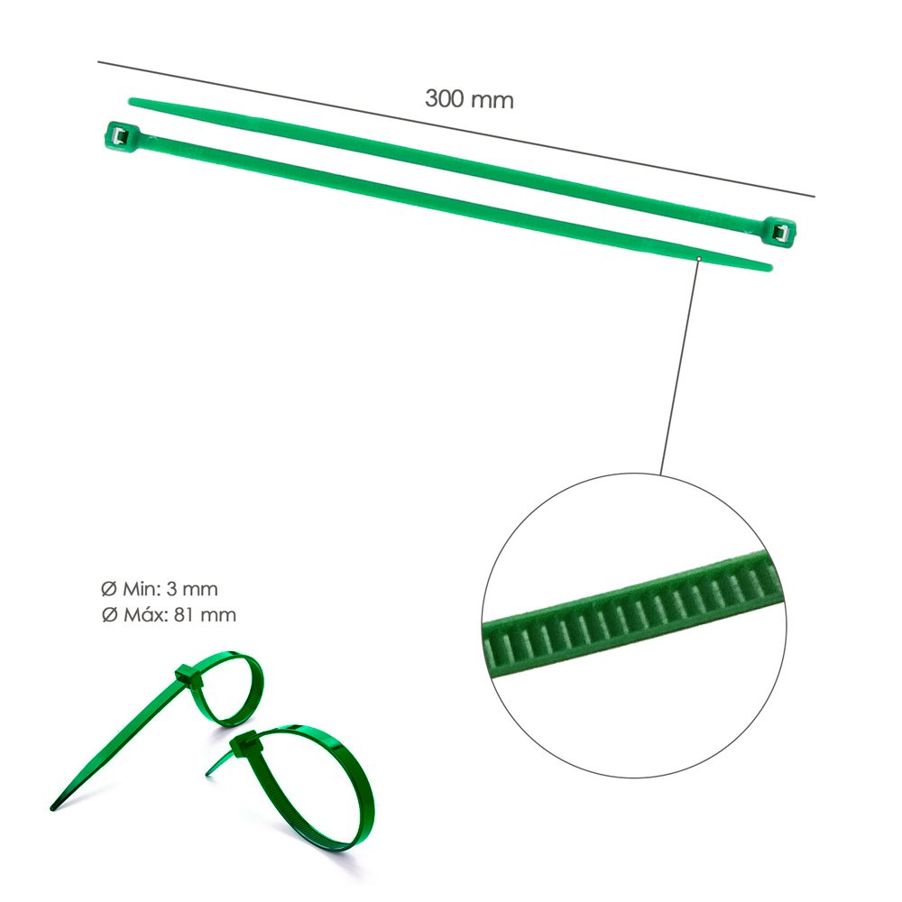 Brida Nylon 100%. Color Verde 4,6 x 300 mm. Bolsa 100 Unidades. Abrazadera Plastico, Organizador Cables, Alta Resistencia - Imagen 2