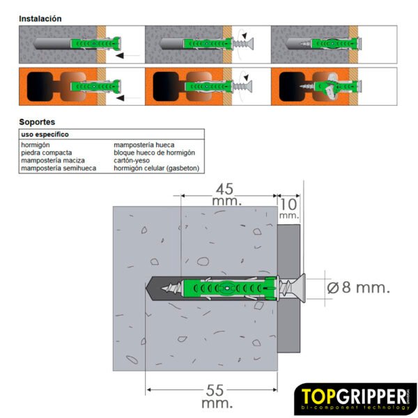 Cubo Tacos Topgripper Bimaterial Con Tornillos Ø 8 mm. 100 Piezas Taco Anclaje Universal, Taco Hormigon, Taco Pladur - Imagen 3