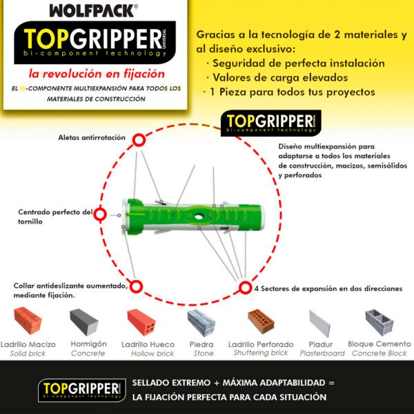 Cubo Tacos Topgripper Bimaterial Con Tornillos Ø 8 mm. 100 Piezas Taco Anclaje Universal, Taco Hormigon, Taco Pladur - Imagen 4